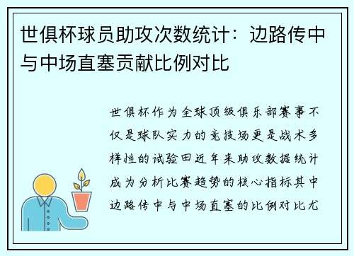 世俱杯球员助攻次数统计：边路传中与中场直塞贡献比例对比