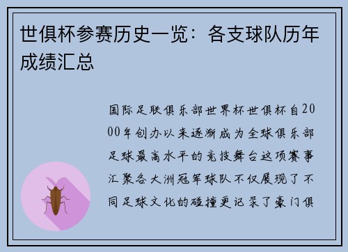 世俱杯参赛历史一览：各支球队历年成绩汇总